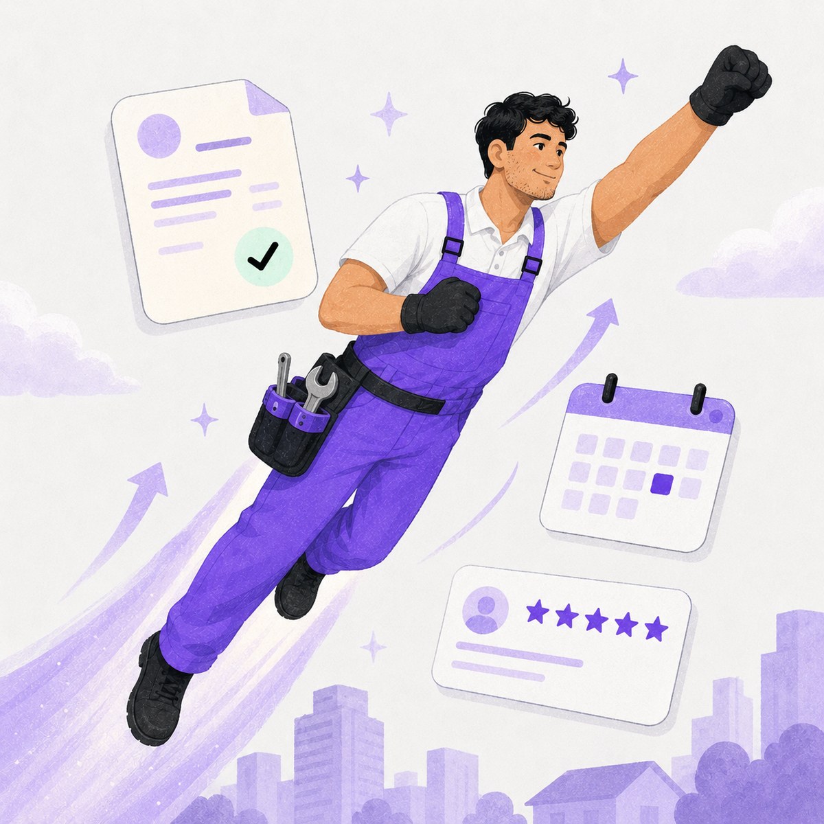 A technician soaring upward like a superhero — business taking off with Albusto