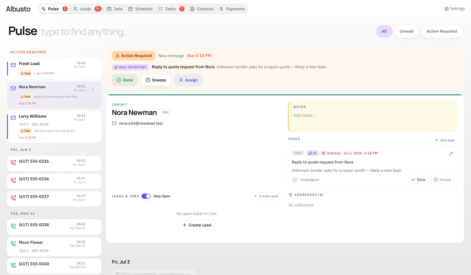 Albusto Pulse screen with a unified communications timeline