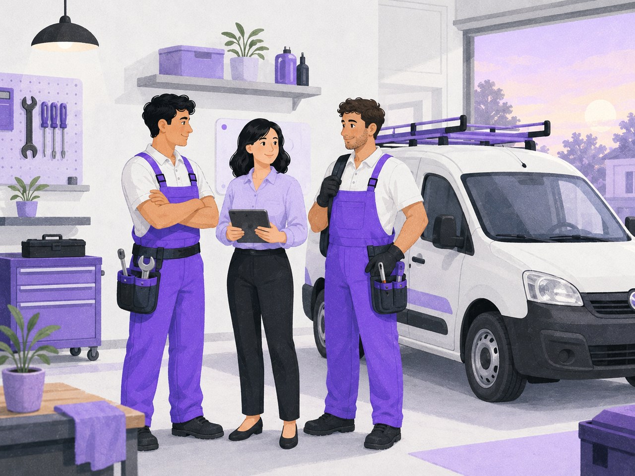 A small field service team in the workshop at the end of the day